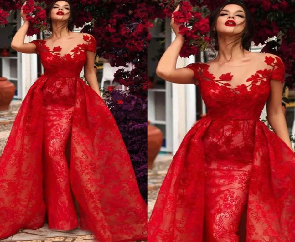 Элегантные красные вечерние платья русалки со съемным шлейфом и жемчужным вырезом, аппликация, верхняя юбка, кружевное платье для выпускного вечера знаменитостей robe de soiree1223645