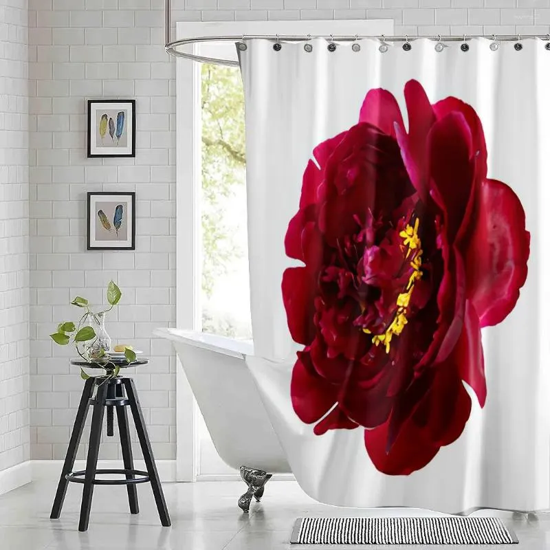 Tende da doccia Tenda a fiori bordeaux Peonia Ortensia Rosso intenso Giallo Tessuto in poliestere stampato Bagno impermeabile con ganci