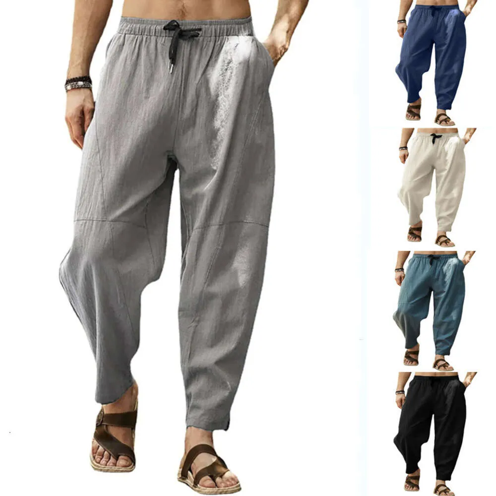 Cropped Pants for Mens Loose Cotton Linen Drawstring Hip-hop Lantern Pant Yoga Casual Workout Leggings