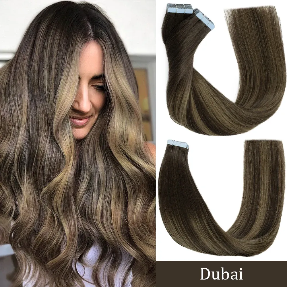 Extensions de cheveux humains à bande adhésive de 61 cm - Extensions de cheveux humains blonds à balayage - Extension adhésive - Cheveux raides - Trame de peau - 100 % naturels - Vrais cheveux