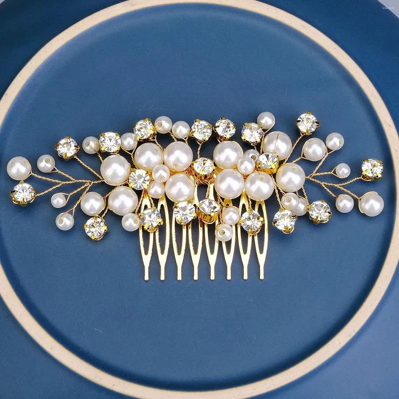 Hair Clips Elegant Artificial Pearls Combs Rhinestone Headpieces For Bride Wedding Gold Color Alloy Hairpins Women Party Jewelry