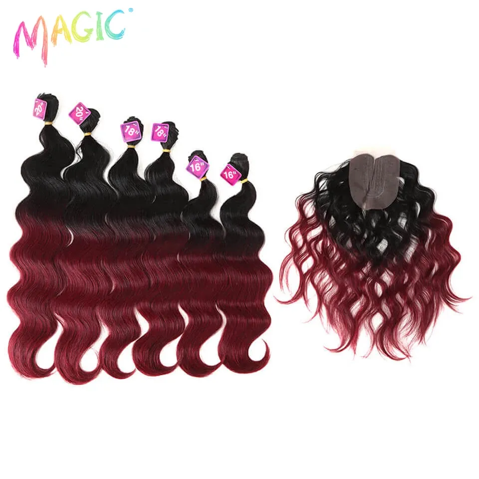 Pack Magic Synthetic Hair Bundles With Closure Body Wave Soft Hair 1620 inch 7Pieces/lot 240g Middle Part Lace Closure Fiber Cosplay