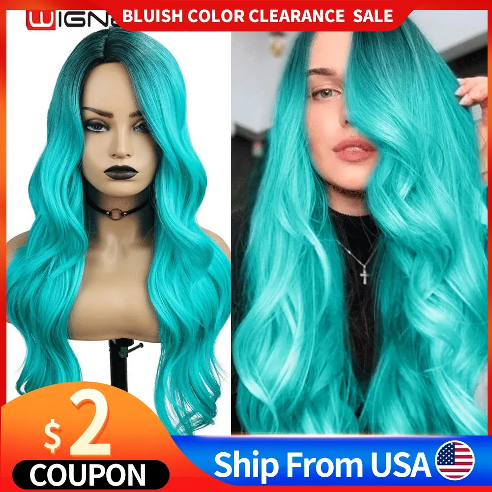 Wigs WIGNEE Bluish Light Blue Wig Synthetic Ombre Long Wavy Body Wave Side Part Heat Resistant Natural Hair Wigs For Women Cosplay