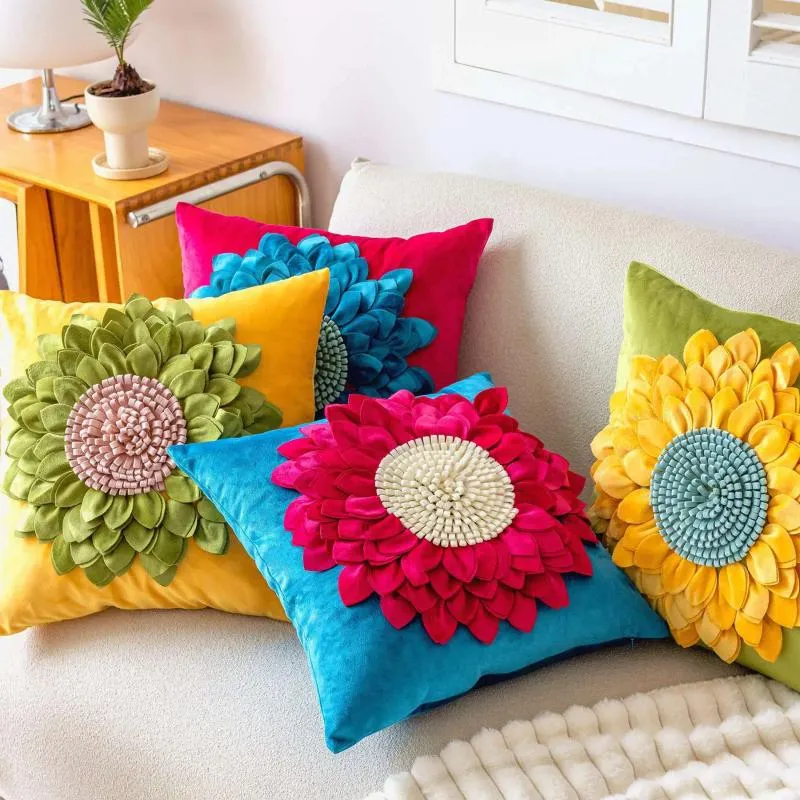 Almohada hecha a mano cubierta de girasol colorido 3D terciopelo floral suave 45x45 cm para sofá cama decoración del hogar