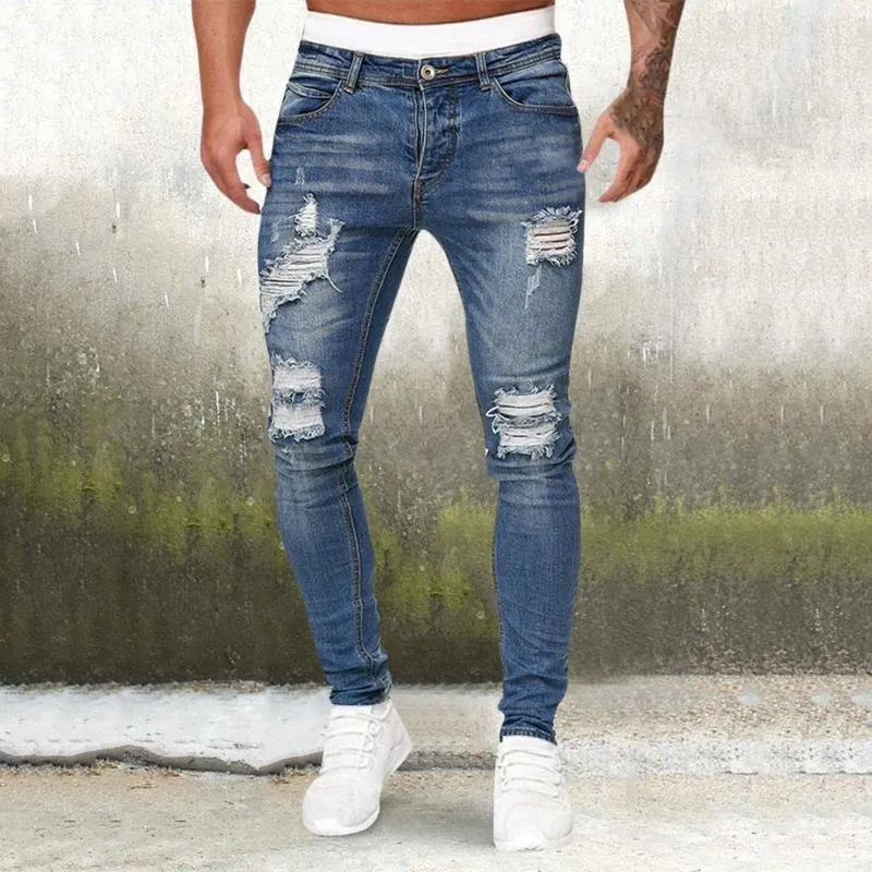 Jeans masculinos slim fit moda clássico cintura alta buracos rasgados lápis calça homens skinny streetwear azul denim longo