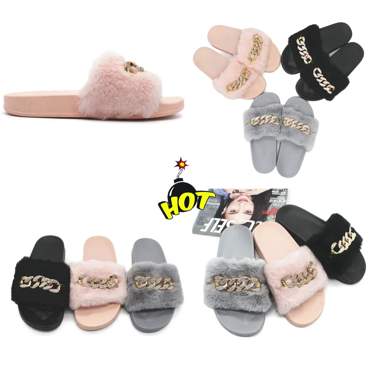 Resistent Op voorraad herfst en winter chain flash diamant pluizige pantoffels binnen en buiten pluizige platte warme slippers EUR 36-41