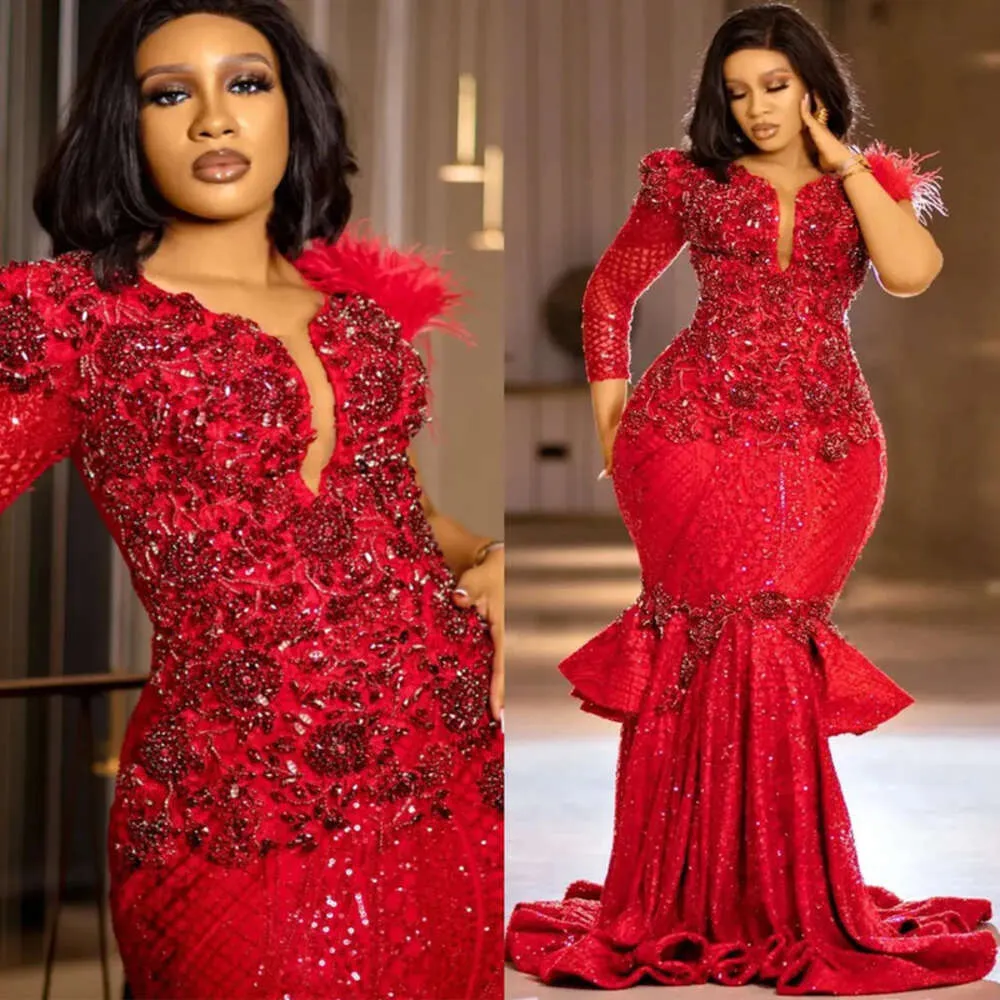 Aso ebi Red Arabic Prom Dress Beaded Crystals Lace Evernic Formal Party Second Recention Birthday Engagement Gowns ROBE DE SOIREE ZJ ES