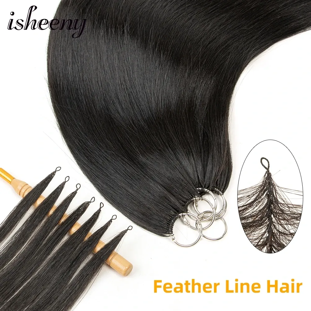 Extensions Isheeny Feather Line Human Hair Extensions 16 "24" Micro Loop Hair 40 Strands Elastic Thread Knutted Hair Sömlös handstickning