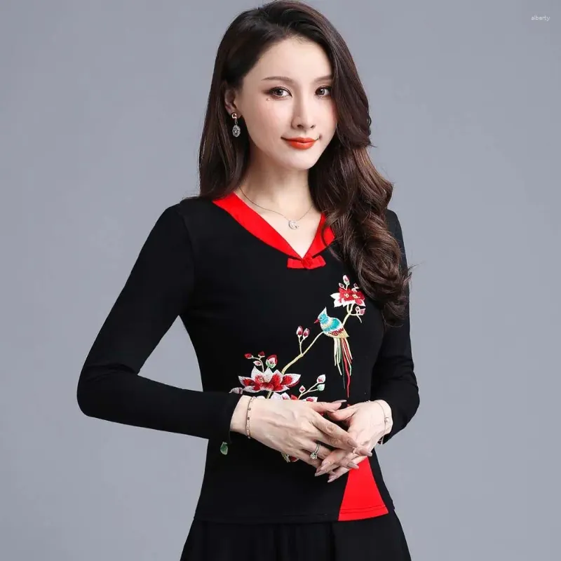 Ethnische Kleidung Cheongsam Damen Plus Size Kurze Tops 2024 Herbst Mode Baumwollmischung Spleißen Stickerei Chinesischen Stil Qipao Shirts Frau