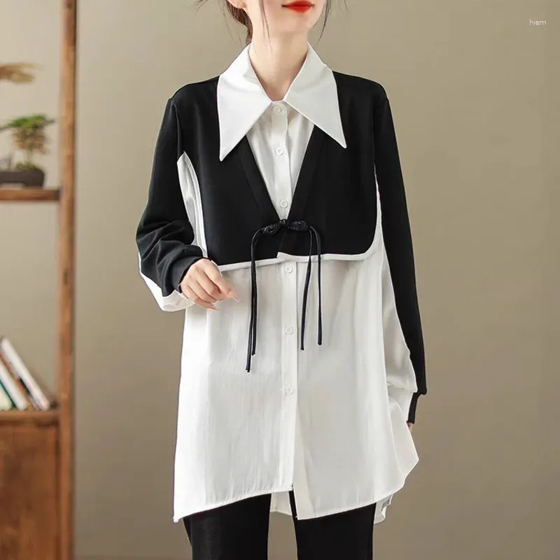 Blusas femininas #3816 primavera 2024 camisa falsa de duas peças mulheres emendadas cor assimétrica solta vintage tops e preto branco