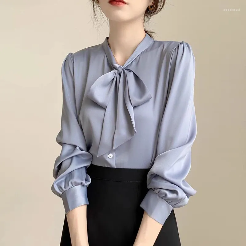 Женские блузки, элегантная модная рубашка с галстуком-бабочкой, простая корейская атласная блузка, весна 2024, профессиональные топы OL, Blusa