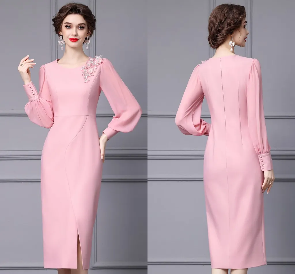 Elegante Roze Korte Bruidsmoederjurken 2024 Schep Lange Mouwen Borduren Kant Chiffon Bruiloft Bruidegom Gast Feestjurken Ceremonie Robe De Soiree