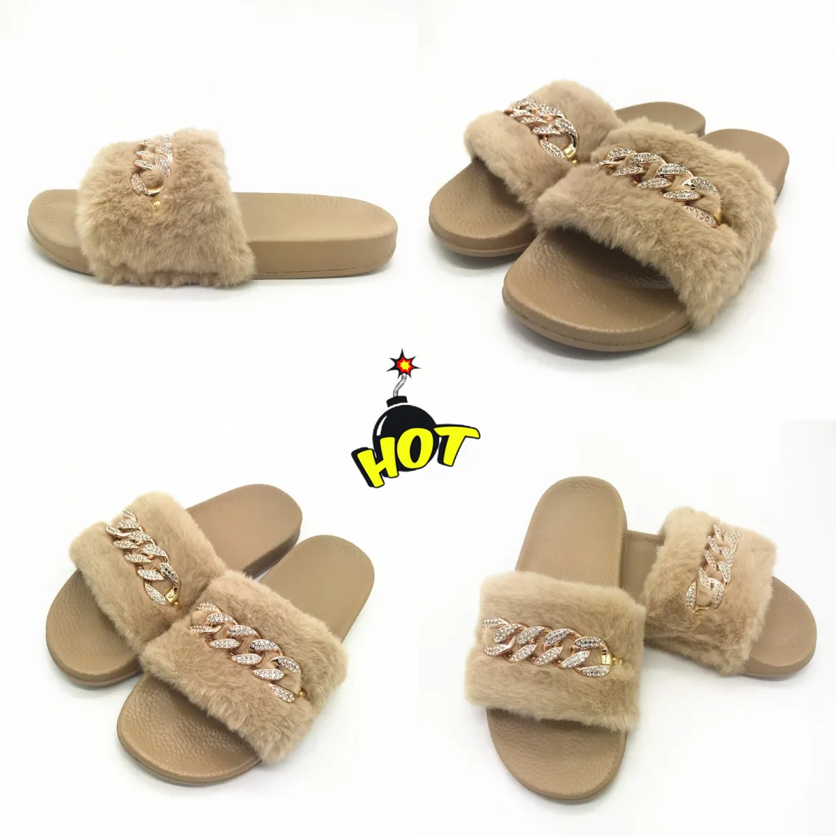 2024 In stock autumn and winter chain flash diamond fluffy slippers indoor and outdoor fluffy flat warm flip-flops 36-41