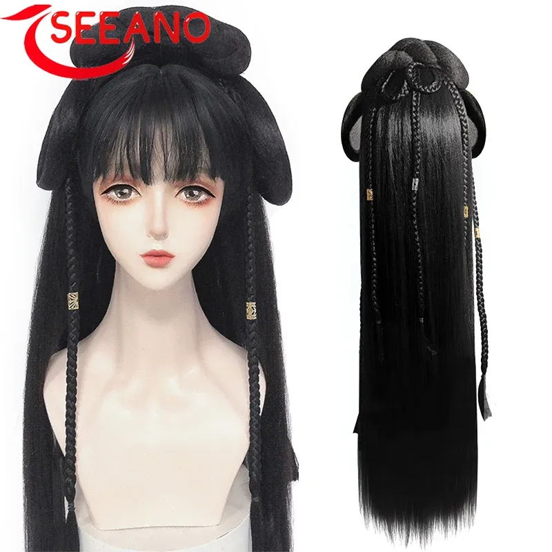 Chignon Seeano Hanfu Perücke Stirnband Frauen Chinesisches Stil Synthetisches Haar Stück Antike Modellierung Cos Pad Haarzubehör Kopfschmuck Schwarz Schwarz
