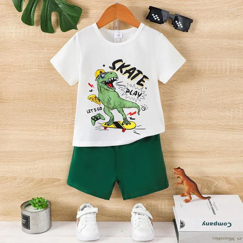 Kläder sätter 2st småbarn pojke sommarkläder kort ärm dinosaurie tryck t-short shorts set barnkläder