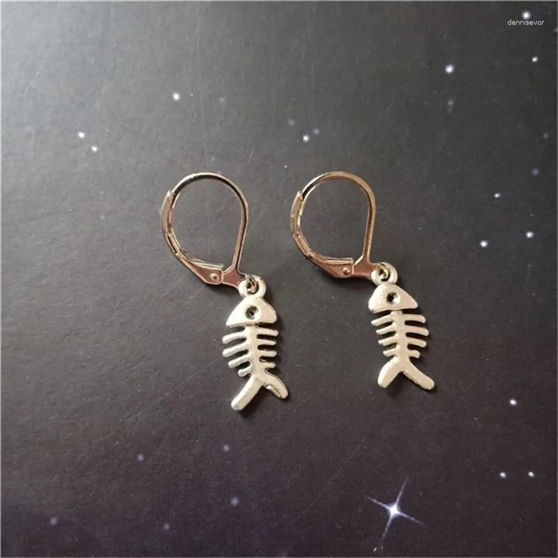 Dangle Earrings Fish Bone Leverback Clip Skeleton Geek Jewellery Quirky Food Jewelry