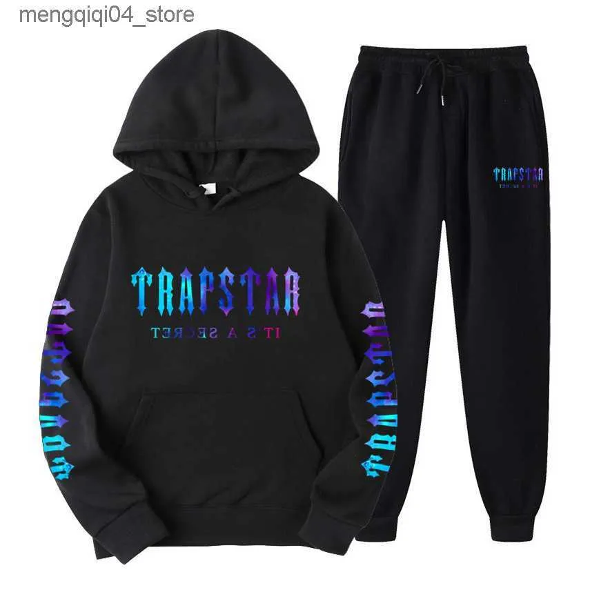 Erkek Hoodies Sweatshirts Trapstar Trailsuit Black Mens Hoodie Trapstar Erkekler Spor giyim Tasarımcı Pantolon Set Basketbol 2 Parça Gevşek Q240322