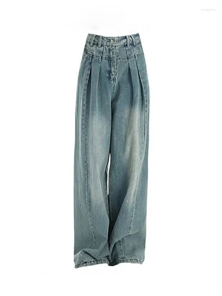 Damen-Jeans, Baggy-Frauen, koreanische Mode, plissiert, hohe Taille, breite Beinhosen, Frühling 2024, Vintage-Streetwear, Mopping Denim Y2k