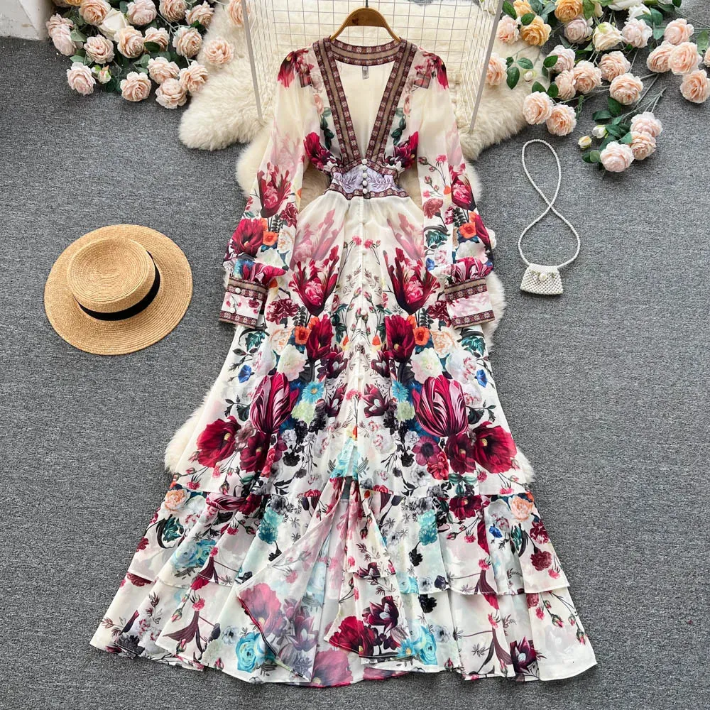 Femmes col en V profond Style bohème robe printemps été piste à manches longues décontracté imprimé fleuri volants doux cascade robes 240306