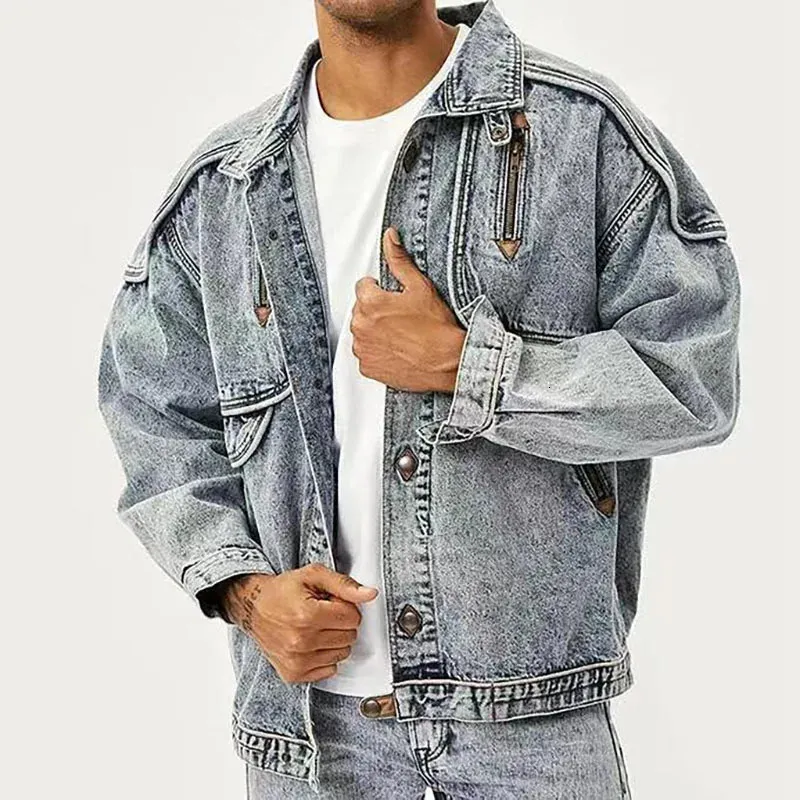 Bleu Jean vestes hommes mode Multi poches lâche décontracté coton Vintage rue Cowboy manteaux marque vêtements Denim veste Hombre 240309