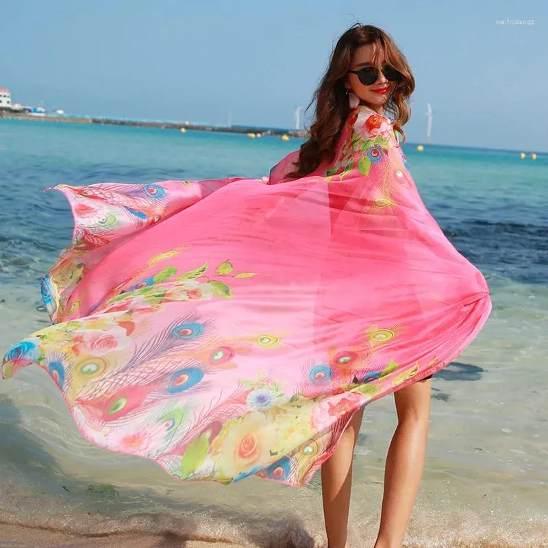 Scarves Summer Women Beach Boho Print Silk Scarf Oversized Chiffon Headband Cover Up Wrap Sarong Sunscreen Large Shawl For