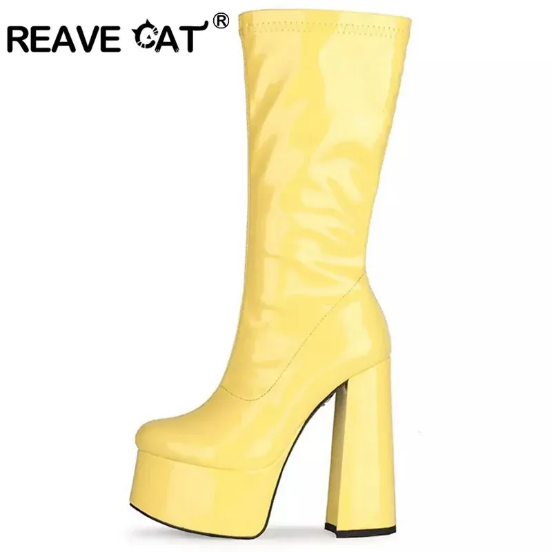 Stiefel Reave Cat Ins Marke Luxury Designer Plattform Chunky High Heels Sexy Frauen Mid -Kalb -Stiefel Süßigkeiten Farbe Reißverschluss Goth große Größe 43