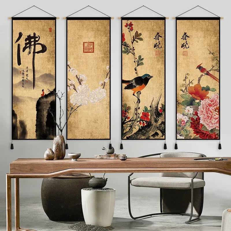 書道禅中国スタイルのキャンバスぶら下げリビングルームの壁アート装飾絵画ポスターヴィンテージルーム装飾タペストリー壁絵画