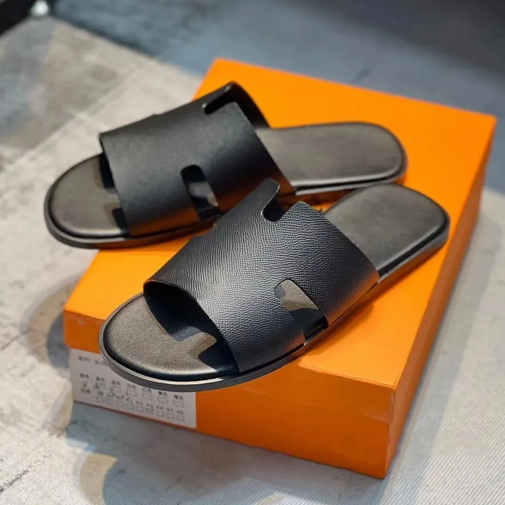 Lyx män tofflor designer sandaler flip flop läder arv kalvskinn sandal sommar lata stort mode hem strand avslappnad platt glid svart