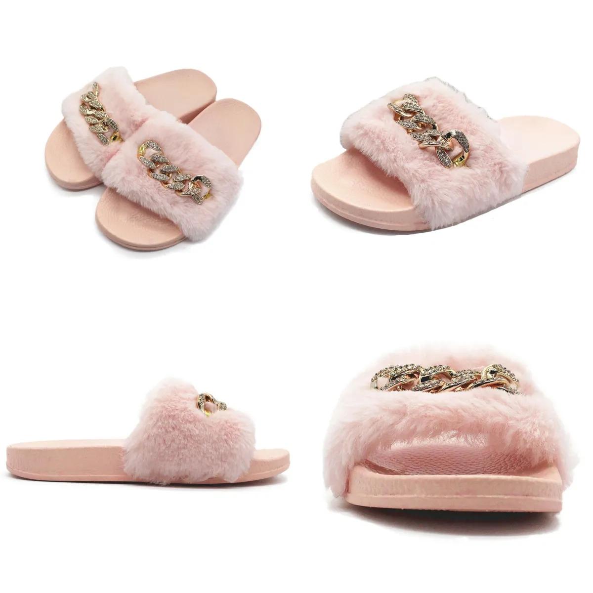 Op voorraad herfst- en winterketen flash diamant pluizige pantoffels, pluizige, platte, warme slippers voor binnen en buiten