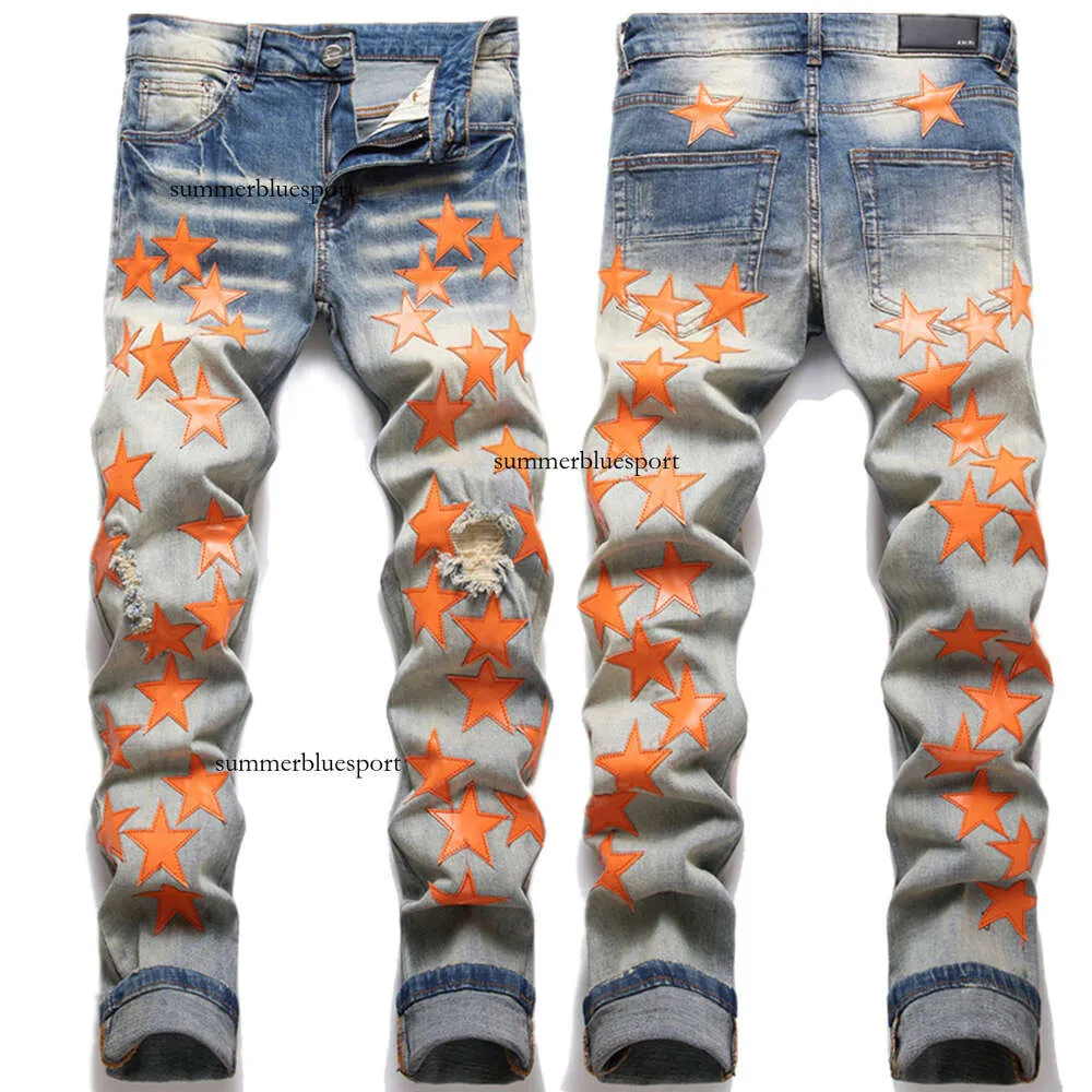 High Street New Broken Orange Patch Slim Fit Small Foot Full Sky Star Elastic Jeans Men's Fashion