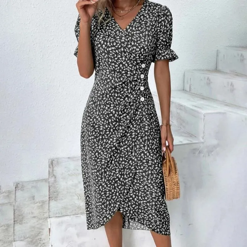 Casual Dresses 2024 Floral Print Summer Dress Short Sleeve V-Neck Midi Button Wrap Holiday Sundresses Women Robe Femmes