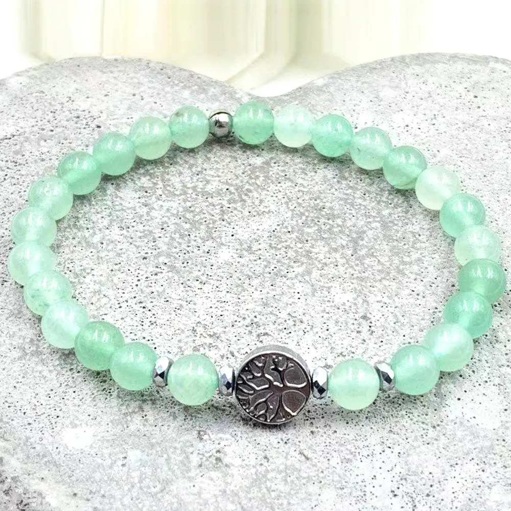 MG2091 6 mm Grön Aventurine Hematite pärlor Tree of Life Charm Armband Womens Energy Protection Spiritual Mala