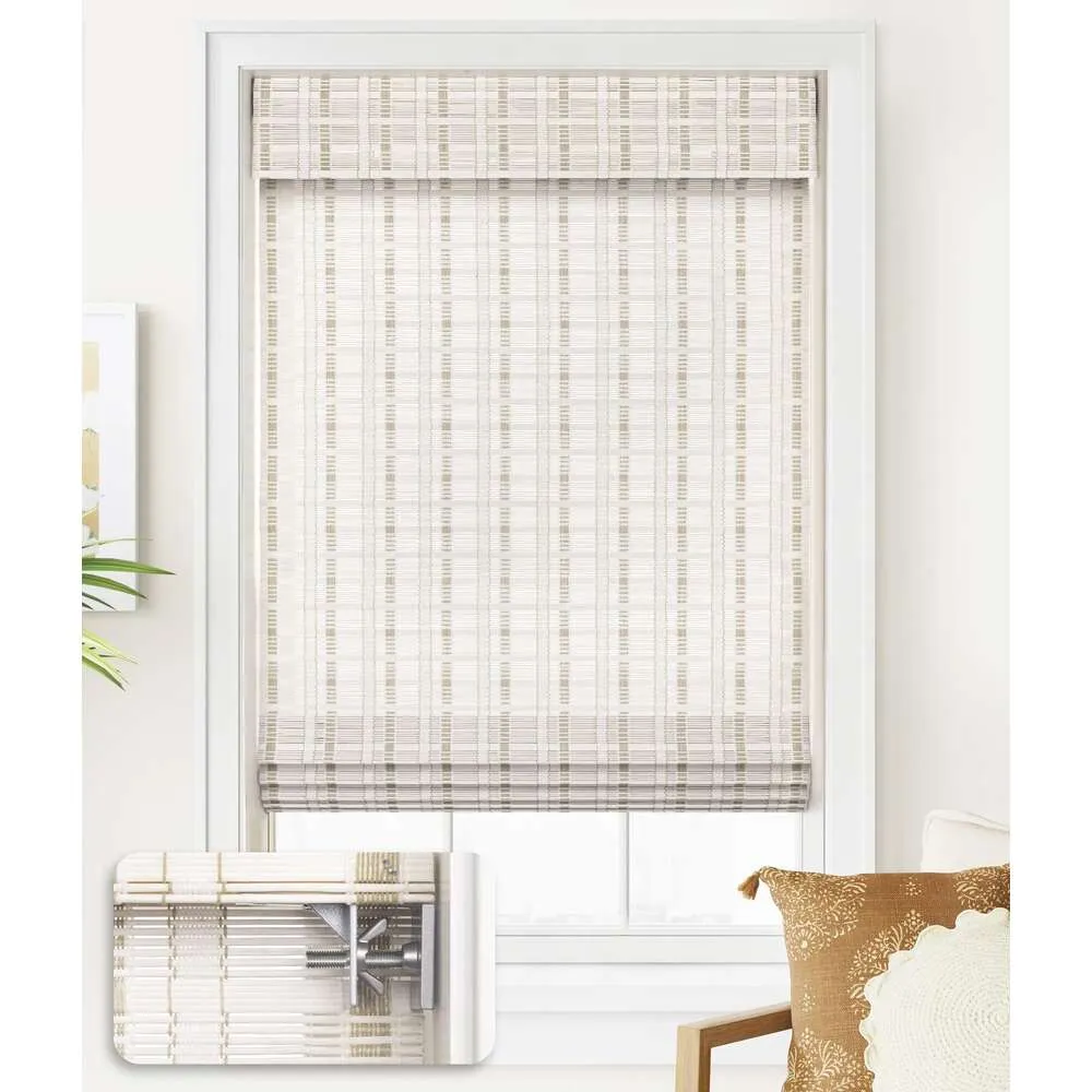 Lazblinds Gereedschap Geen boor Draadloze vouwgordijnen, lichtfilterende behandeling, oprolbare bamboe jaloezieën voor raam 23'' W X 64'' H, Whitewash B