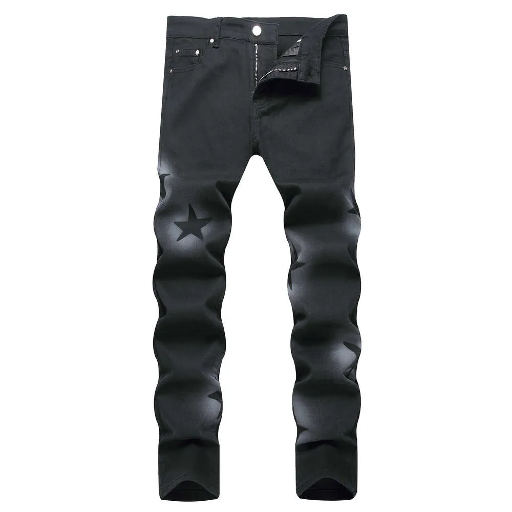 Personalized Hand-painted Gun Spray Five Pointed Star Colored Elastic Black Small Straight Tube Mid Rise Jeans for Men