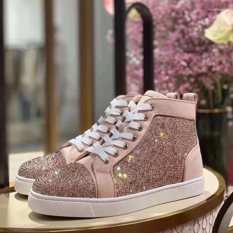 Casual Buty damskie z czerwonymi podeszwami High Top Skórzowe pełne diamentowe męskie i same niskie kolce