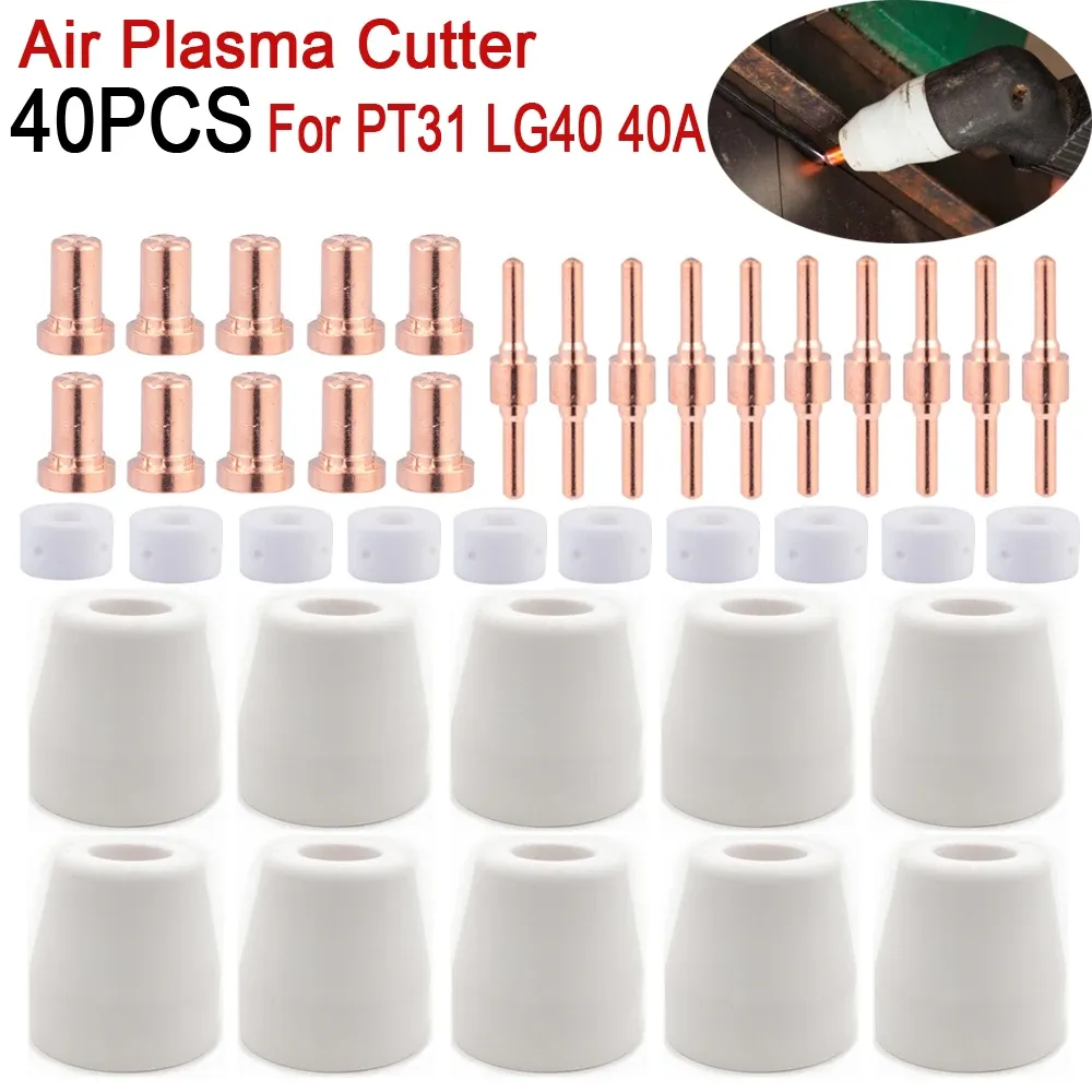 Lastoortsen 40pcs Plasma Cutter Tip Electrodes Nozzles Shield Cap Consumable Accessories for Pt31 Cut 30 40 50 Plasma Cutter Welding Tools