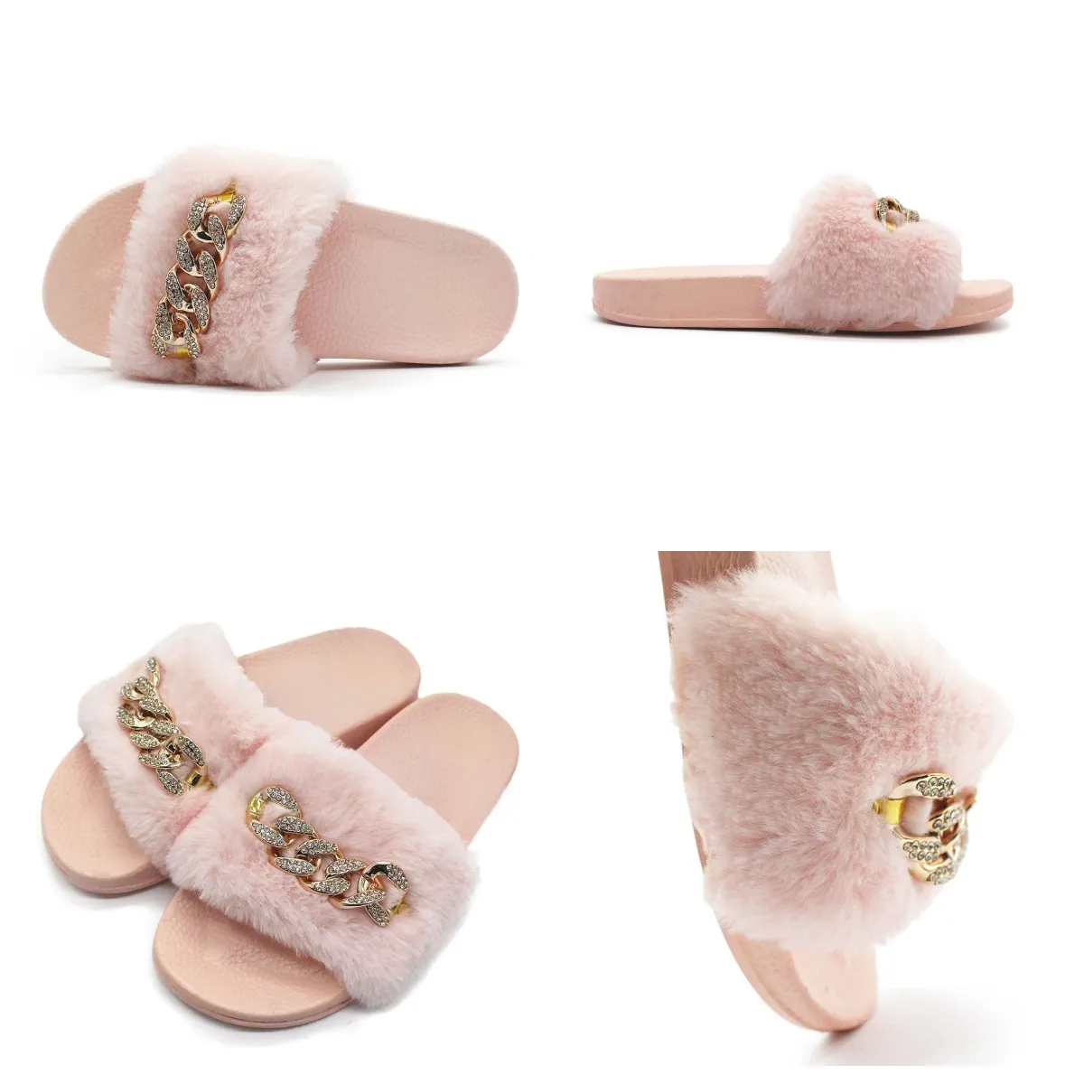 New wholesale in stock Autumn Winter Chain Diamond Plush Slippers Indoor and Outdoor Plush Flat Bottom Warm Slippers GAI fur chains Fluffy Winter babouche 2024