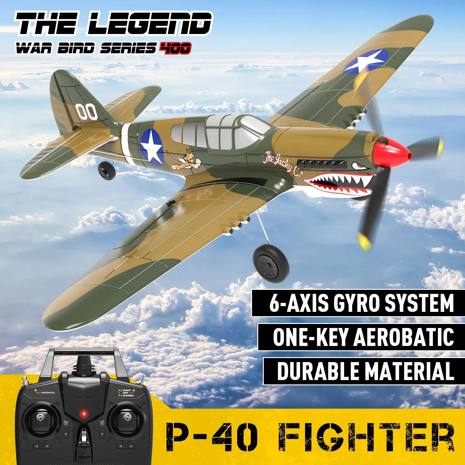 P-40 RC Aircraft P40 Fighter 400mm Wingspan 4CH 6-Axis Gyro One-Key U-Turn Aerobatic RTF RC Airplane Model Outdoor Toys 240318