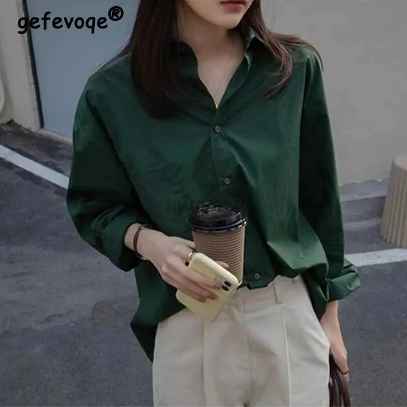 T-shirt Femme Imprimer Automne Polo Col Bouton Vert Élégant Mode Simple Chemise Femme Manches Longues Vintage Solide Plein Cardigan Assorti 240323