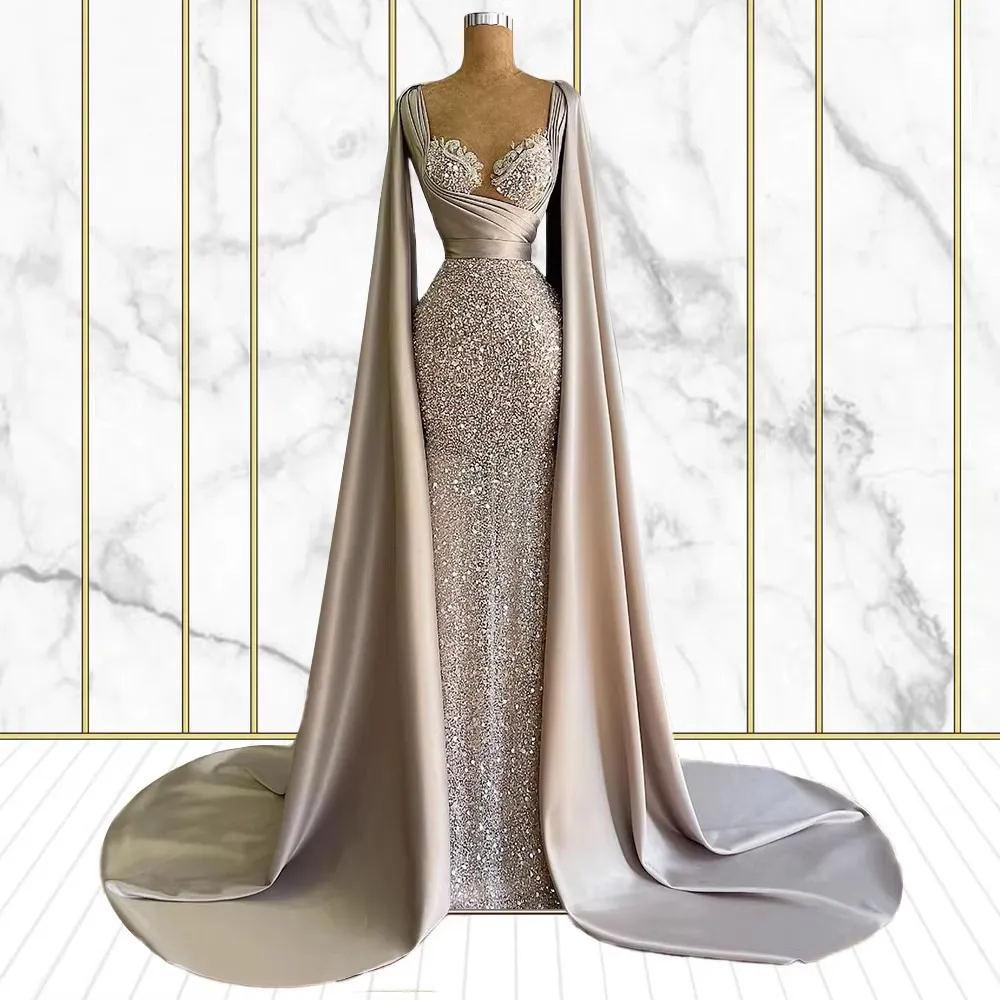 High End Mermaid Evening Dress Cap Sleeves 2024 Sweetheart Crystal Beads Long Prom Dresses Dubai Celebrity Party Gowns Robe De Soiree