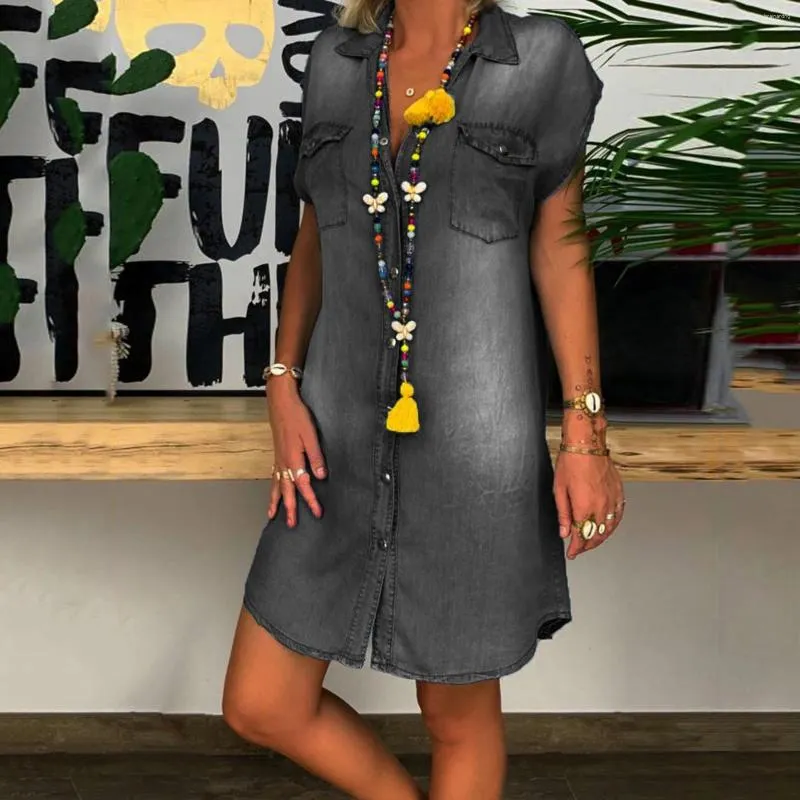 Casual Dresses Summer Fashion Classical Short Sleeve Denim Dress For Women Turn Down Collar Single-breasted Pockets Knee-length Vintage