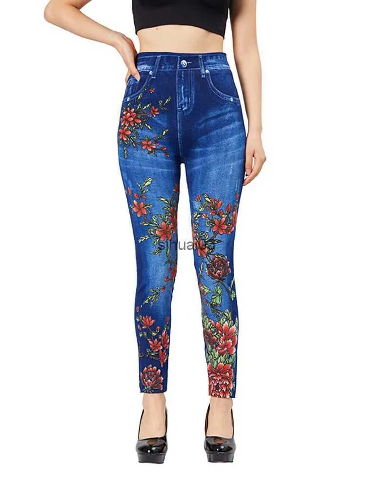 Women's Jeans CUHAKCI flame print ultra-thin suitable for blue Jeggings womens casual pencil pants elastic fake pocket jeans exercise yoga legsL2403
