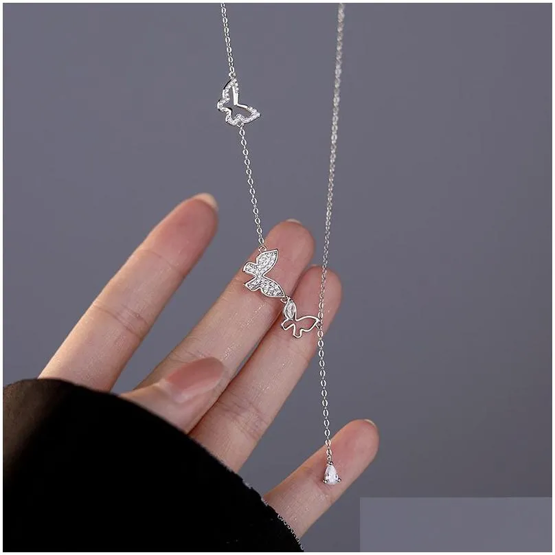 925 sterling silver hollowed out diamond butterfly tassel necklace for womens personalized collarbone chain wedding jewelry