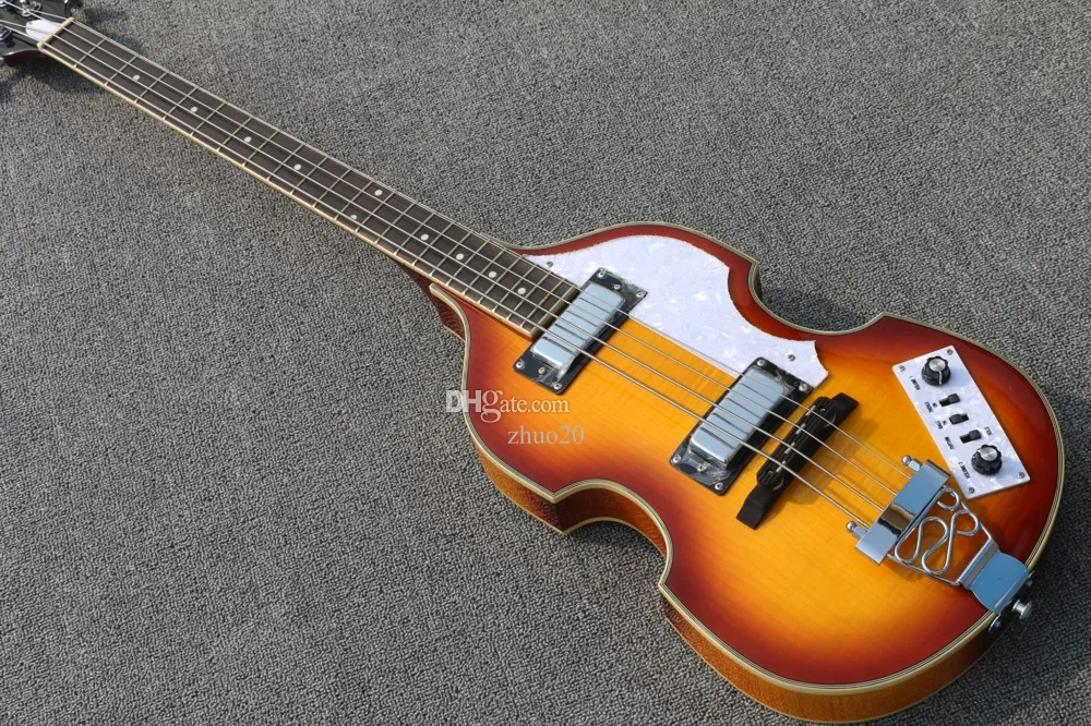 New Violin 4 Strings BB2 Electric Bass Guitar, Spruce Top Flame maple Side & Back, Semi Hollow Body Bass, Real Photo shows