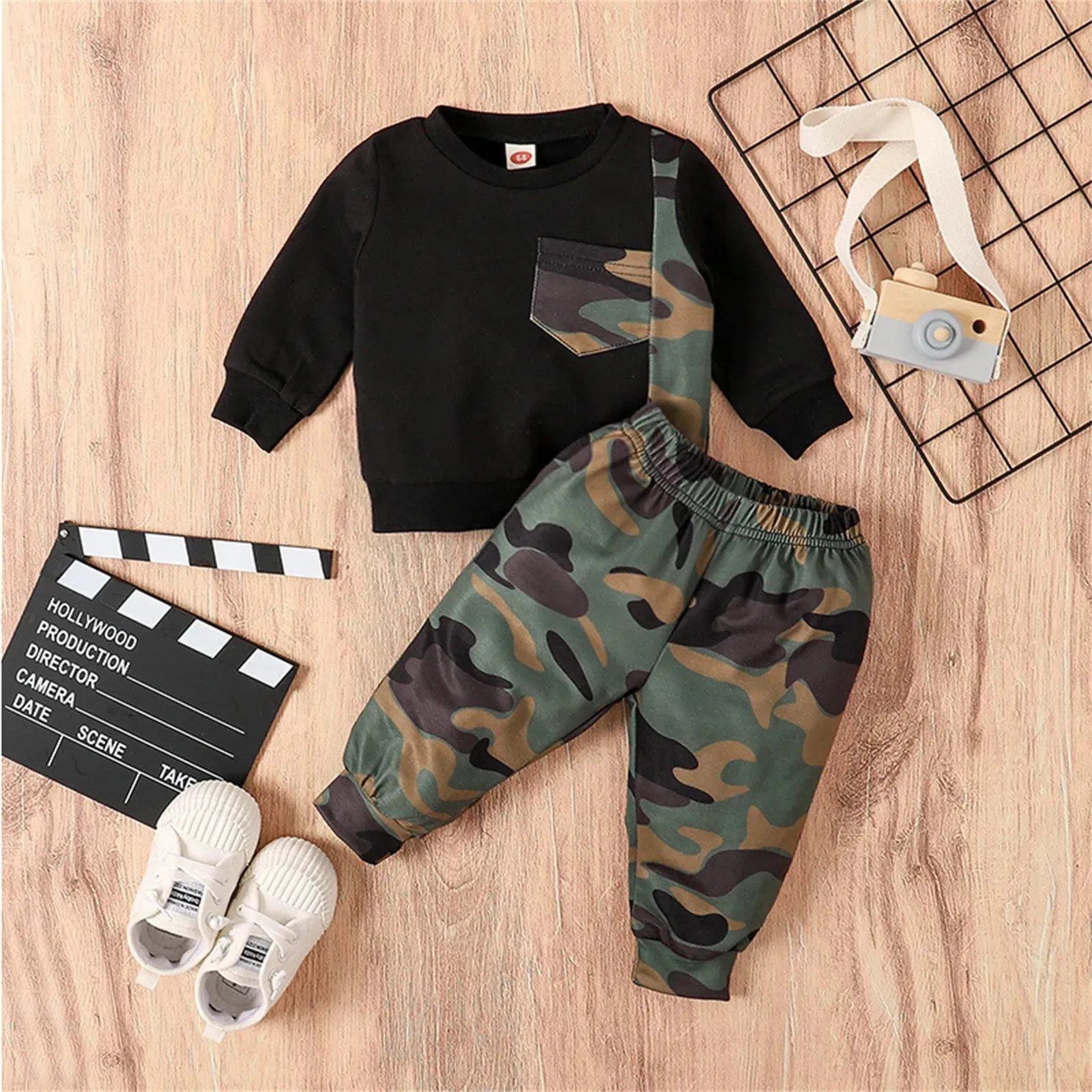 024 maanden geboren baby baby jongens kleding sets lente herfst lange mouw trui broek set camouflage outfits 240314