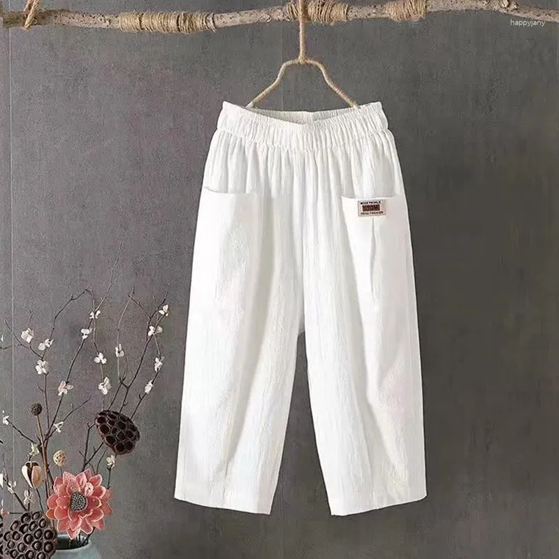 Pantalones de mujer verano casual algodón lino 2024 color sólido cintura elástica mujer de mediana edad recortada
