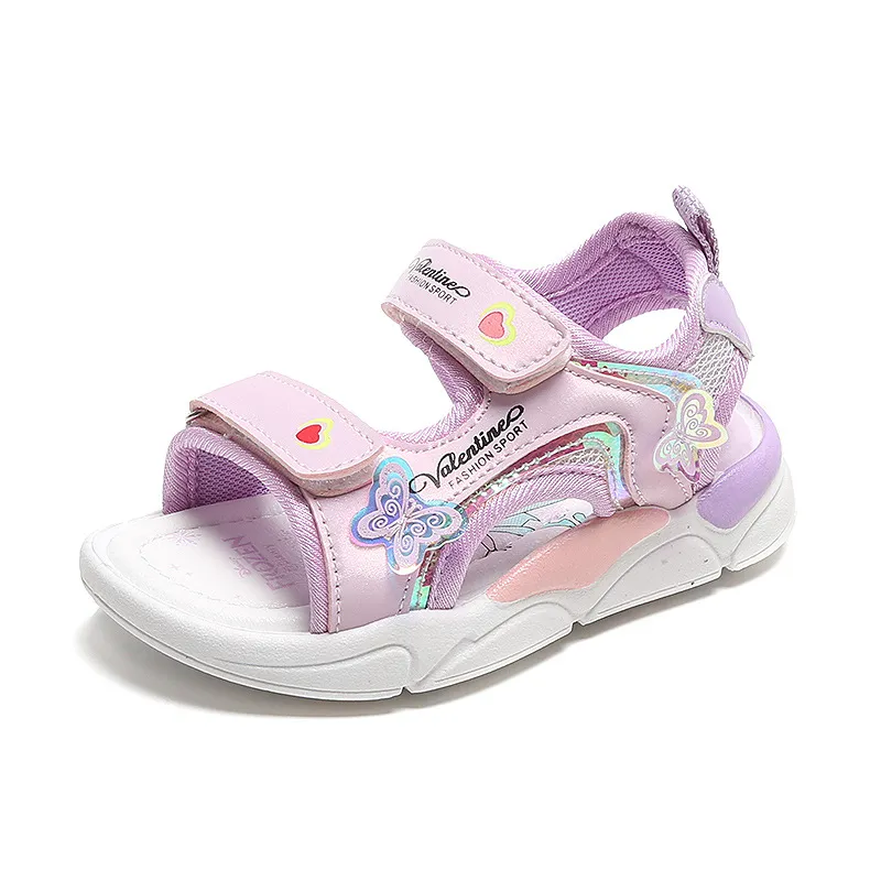 Kids Shoes Girls Sandals 2024 여름 새로운 오픈 티드 어린이 해변 신발 만화 소녀 공주 신발 부드러운 솔로 된 아기 걷는 샌들