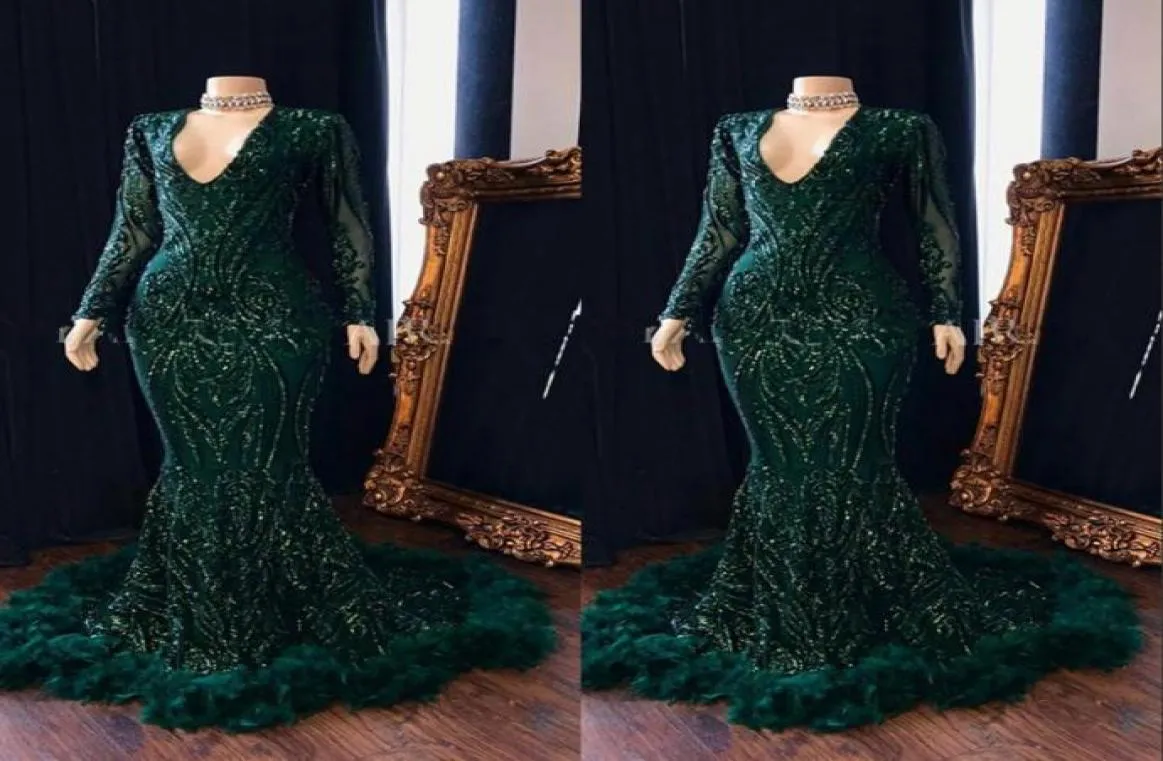 Verde escuro decote em v pena sereia vestidos de baile mangas compridas lantejoulas reflexivas rendas até o chão festa formal vestidos de noite 9375687