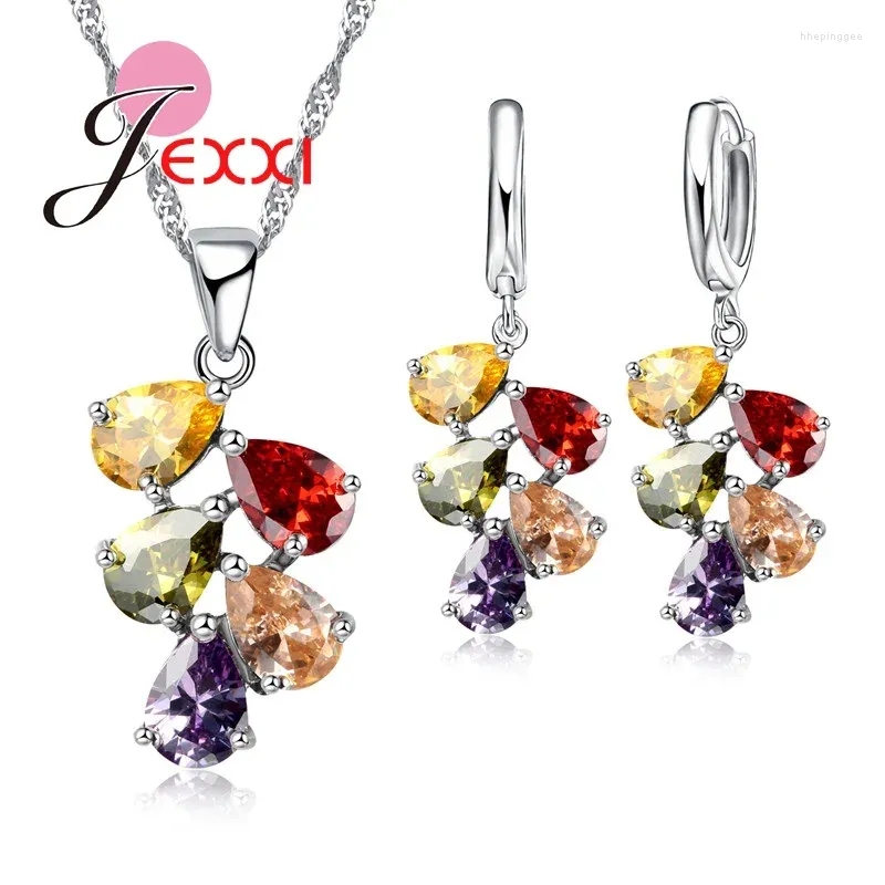 Kolye küpeleri Set Fine Fashion 925 STERLING Gümüş 5 Renk Kristal CZ Mücevherler Kadınlar için