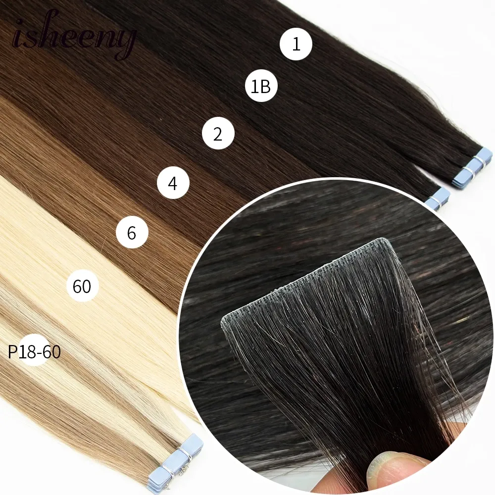 Przedłużenia isheeny 12 „16” 20 "pu skóra skóry taśmowe przedłużanie włosów 10pcs Niewidoczna taśma w przedłużanie włosów proste maszynę Remy Human Hair